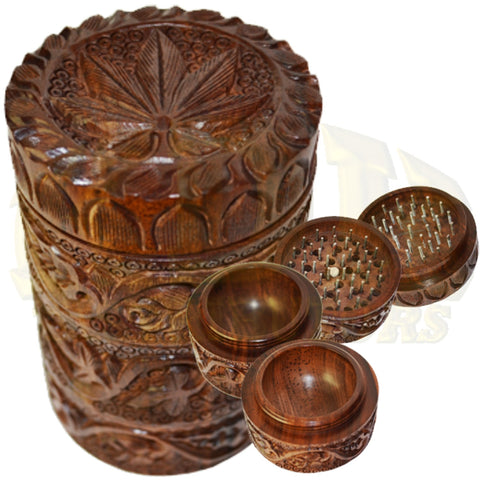 Wood Grinder - Carved Leaf 70mm 3 Piece w/Storage