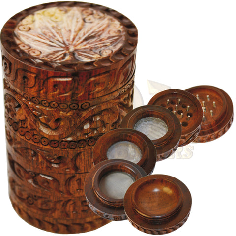 Grinder - Carved Leaf Stone 40mm 6 Part w/3 Screens